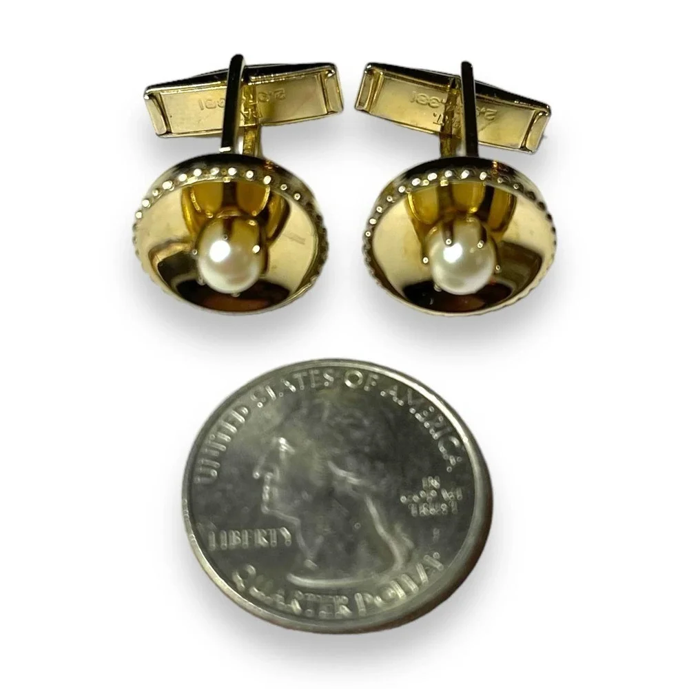 Vintage Gold Tone Imitation Pearl Cufflinks Prong Set Bead Edge Locking